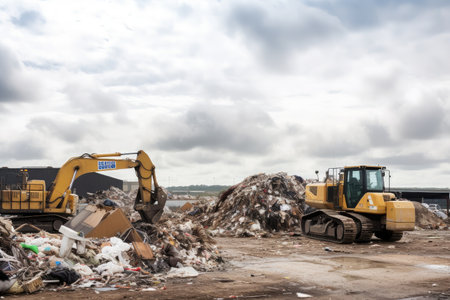 waste disposal site, with large machinery sorting and processing waste for recycling, created with generative aiの素材