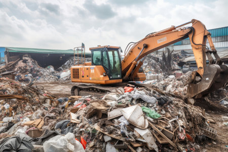 waste disposal site, with large machinery sorting and processing waste for recycling, created with generative aiの素材