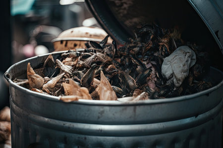 close-up of overflowing garbage can, with flies and in the trash, created with generative aiの素材