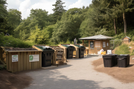landfill surrounded by greenery, with recycling bins and educational signage for added convenience, created with generative aiの素材