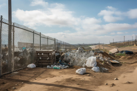 landfill surrounded by chain-link fence, with recycling bins and signage, created with generative aiの素材