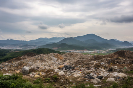 landfill surrounded by natural landscape, with mountains in the background, created with generative aiの素材