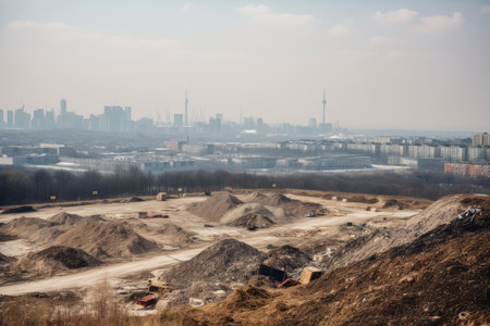 landfill with view of the city skyline, providing a contrast between old and new, created with generative aiの素材