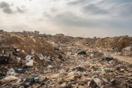 close-up of a landfill, with trash and debris visible, created with generative aiの素材