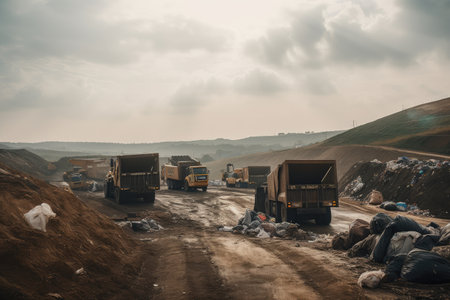 landfill site, with trucks coming and going, bringing new waste to be disposed, created with generative aiの素材