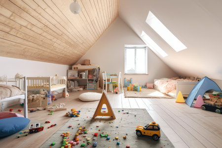 large attic room decked out as playroom with colorful toys, games, and books, created with generative aiの素材