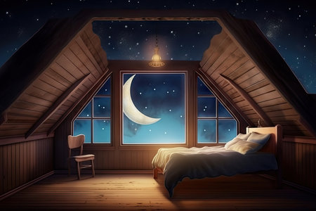 large attic room with view of the night sky, stars and moon shining through the window, created with generative aiの素材