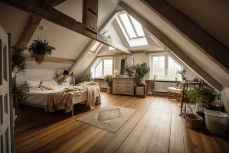 large attic room, decorated with vintage and shabby chic furniture, bringing coziness and charm to the space, created with generative aiの素材