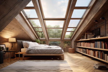 large attic room with view of the city and a skylight, created with generative aiの素材
