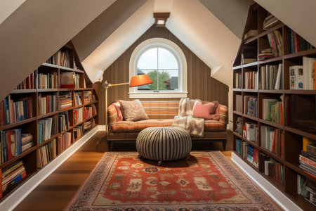 large attic room with floor-to-ceiling bookcase and cozy reading nook, created with generative aiの素材