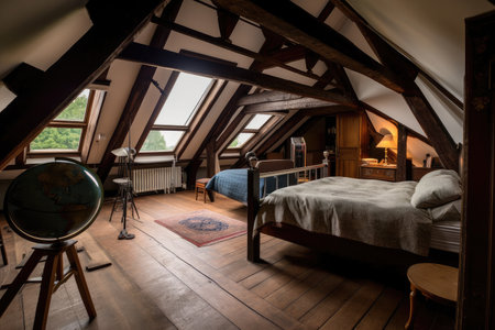 large attic room with telescope and star charts, ready for stargazing, created with generative aiの素材