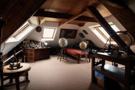 large attic room with telescope and star charts, ready for stargazing, created with generative aiの素材