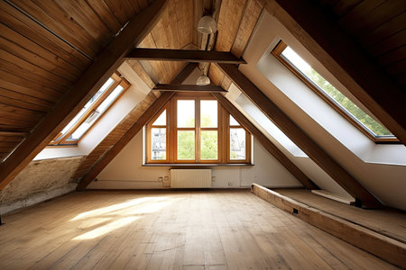 large attic room, with view of the outdoors, featuring a window and skylight, created with generative aiの素材