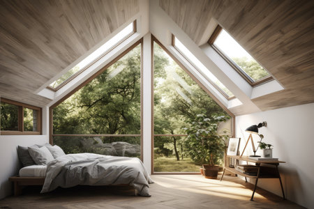 large attic room, with view of the outdoors, featuring a window and skylight, created with generative aiの素材