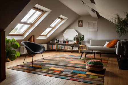large attic room with mid-century modern furniture and geometric rug, providing an escape from the stress of everyday life, created with generative aiの素材