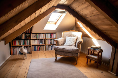 large attic room with reading nook, comfy chair and pile of books, created with generative aiの素材