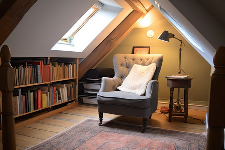 large attic room with reading nook, comfy chair and pile of books, created with generative aiの素材