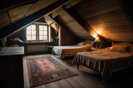 large attic room with two beds, one for guest and another for the host, created with generative aiの素材