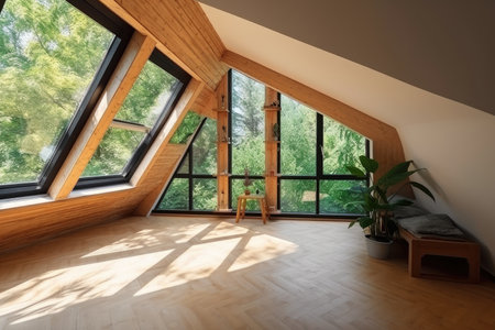 large attic room with glass windows and view of the garden or park, created with generative aiの素材