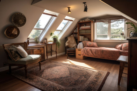 large attic room with comfortable reading nook, cozy furniture, and large windows for plenty of light, created with generative aiの素材