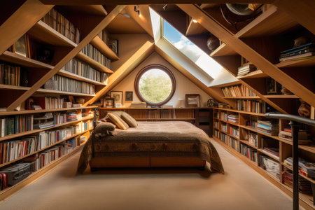 large attic room with floor-to-ceiling bookshelves and plush carpeting, created with generative aiの素材