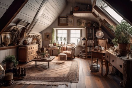 large attic room filled with vintage furniture and accents, creating eclectic and cozy interior, created with generative aiの素材