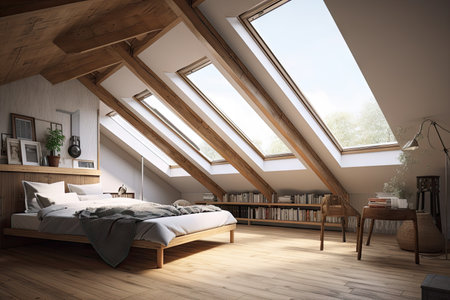 large attic room with sloping ceiling and skylight, filled with natural light, created with generative aiの素材