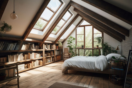 large attic room with sloping ceiling and skylight, filled with natural light, created with generative aiの素材