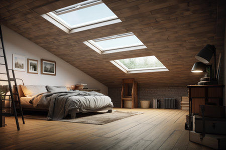 large attic room with skylight and view of the night sky, created with generative aiの素材