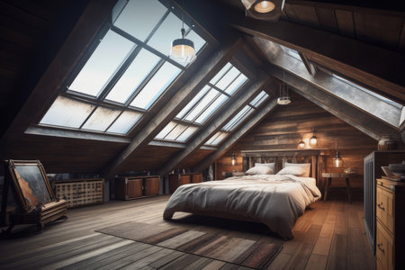 large attic room with skylight and view of the night sky, created with generative aiの素材
