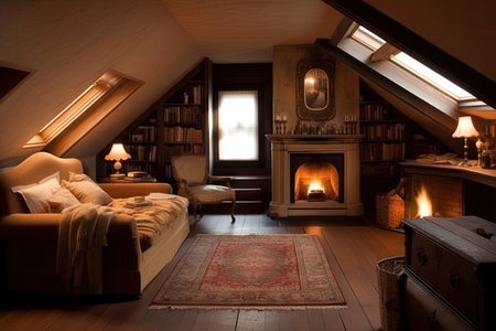 a warm and cozy attic room, with a fireplace, reading nook and plush seating, created with generative aiの素材