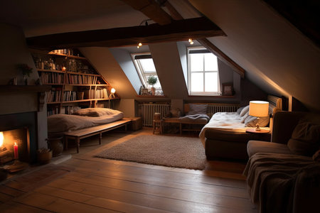 a warm and cozy attic room, with a fireplace, reading nook and plush seating, created with generative aiの素材