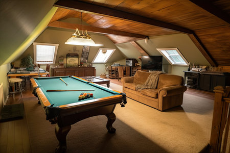 large attic room with pool table and mini fridge for fun, relaxing hangout, created with generative aiの素材