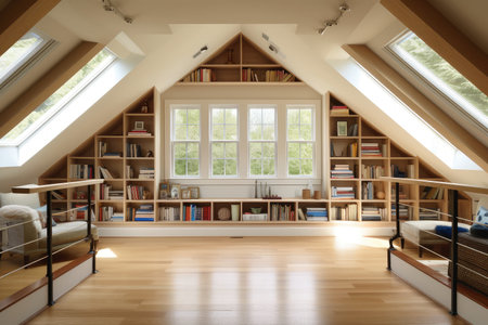 large attic room with sloping ceiling, windows, and built-in bookshelves, created with generative aiの素材