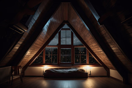 large attic room with view of the night sky, twinkling stars visible through the window, created with generative aiの素材