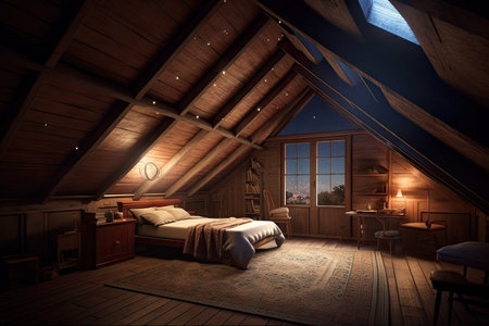 a large attic room with a view of the night sky, filled with stars and moonlight, created with generative aiの素材
