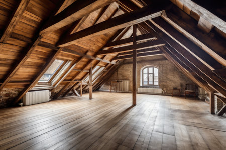 large attic room with support beams and exposed wiring, giving it a rustic feel, created with generative aiの素材