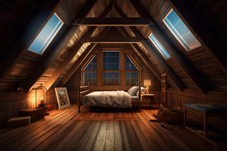 large attic room with view of the night sky, stars twinkling in the distance, created with generative aiの素材