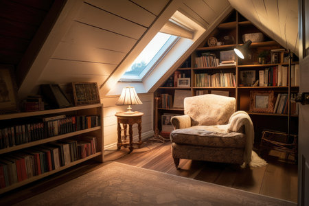 cozy reading nook in large attic room with comfy chair and bookshelves, created with generative aiの素材