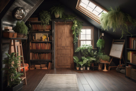 large attic room with chalkboard walls, plants, and books, created with generative aiの素材