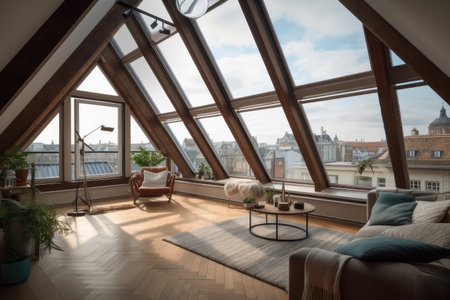 large attic room with floor-to-ceiling windows, offering stunning view over the city, created with generative aiの素材
