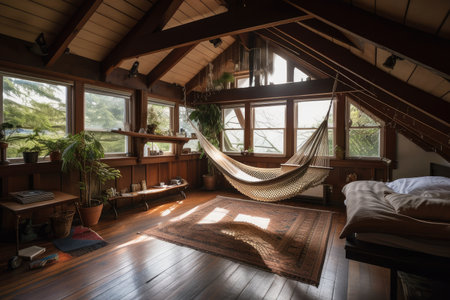 large attic room with a hammock, natural light, and view of the outdoors, created with generative aiの素材