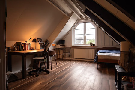 large attic room, with desk and lamp for studying or writing, created with generative aiの素材