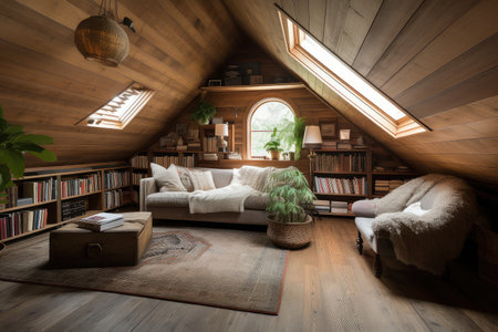 large attic room with cozy reading nook and plush armchair, created with generative aiの素材