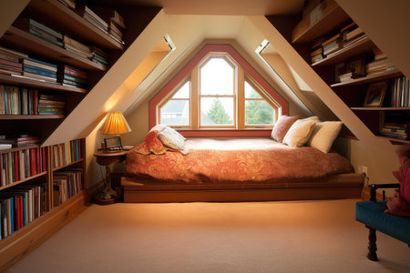 large attic room with window seat, a bookcase, and cozy throw blanket, created with generative aiの素材