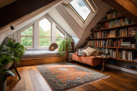 large attic room with reading nook and view of the outside world, created with generative aiの素材