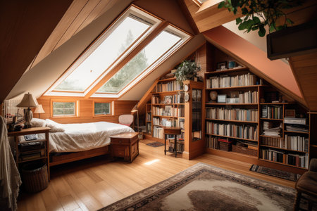 large attic room with comfortable reading nook and floor-to-ceiling bookshelf, created with generative aiの素材