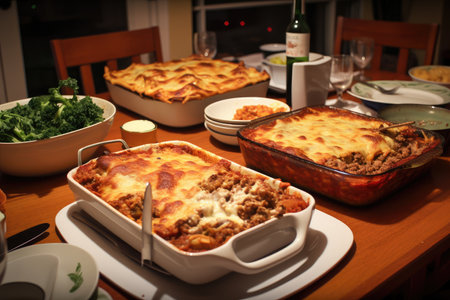 family dinner, with lasagna the star of the show, created with generative aiの素材