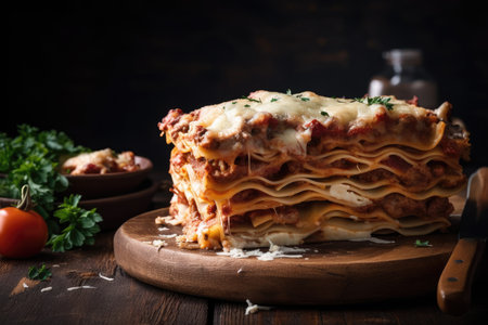 heap of lasagna, sliced neatly into portions, created with generative aiの素材