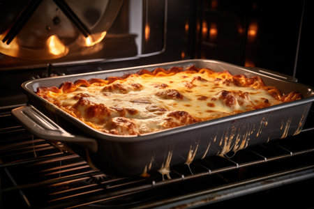 lasagna baking in the oven, with steam rising from the freshly baked noodles, created with generative aiの素材
